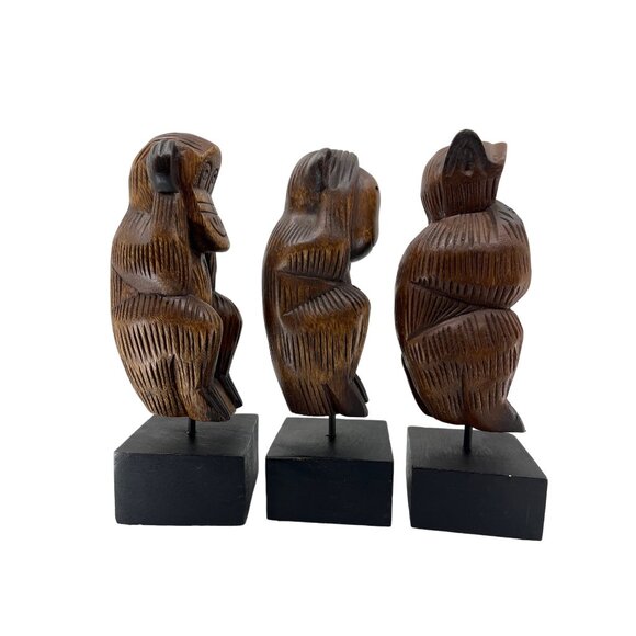 HD Wise Monkeys, 11” on Base Carved Wood Hear No Evil See No Evil Speak No Evil - Picture 7 of 12